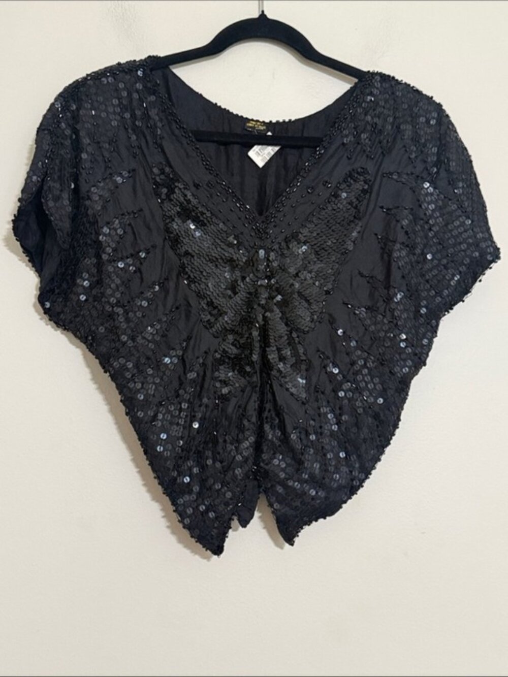 Vintage 90’s Black Sequin silk Butterfly V-Neck Women's Top blouse festival Y2K